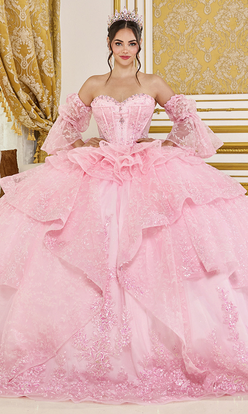 Dancing Queen 5116 - Floral Embroidered Regal Puff Sleeve Gown Quinceanera Dresses in Pink 