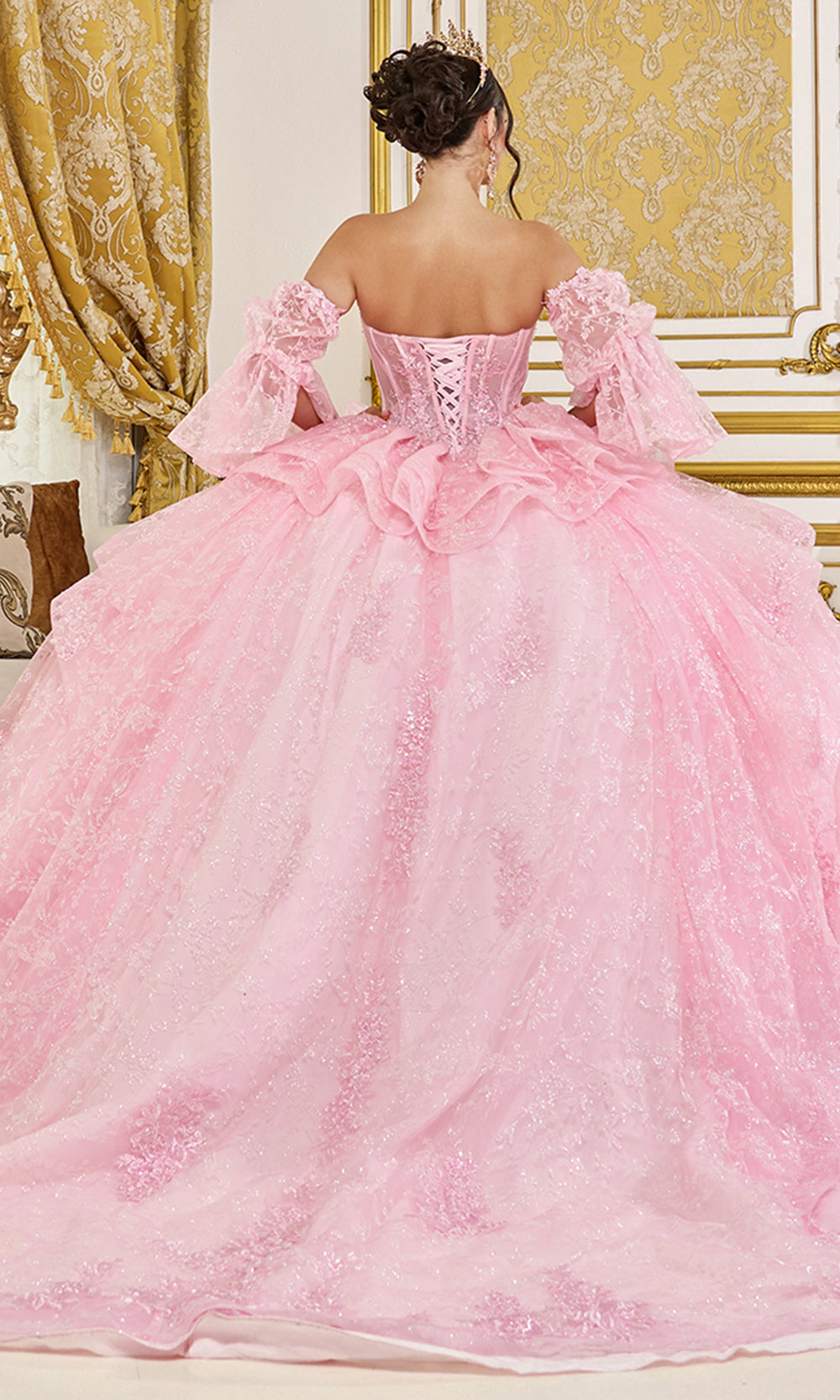 Dancing Queen 5116 - Floral Embroidered Regal Puff Sleeve Gown Quinceanera Dresses in Pink 