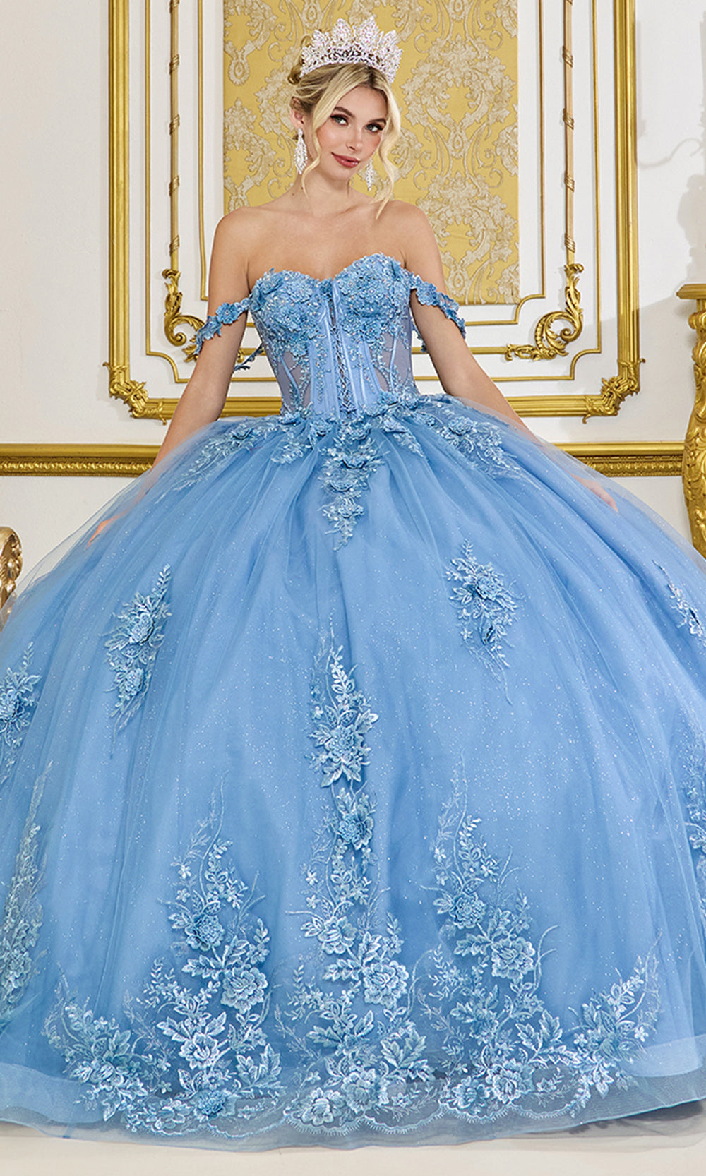 Dancing Queen 5117 - Corset Bodice Sweetheart Embroidered Gown Quinceanera Dresses in Blue 