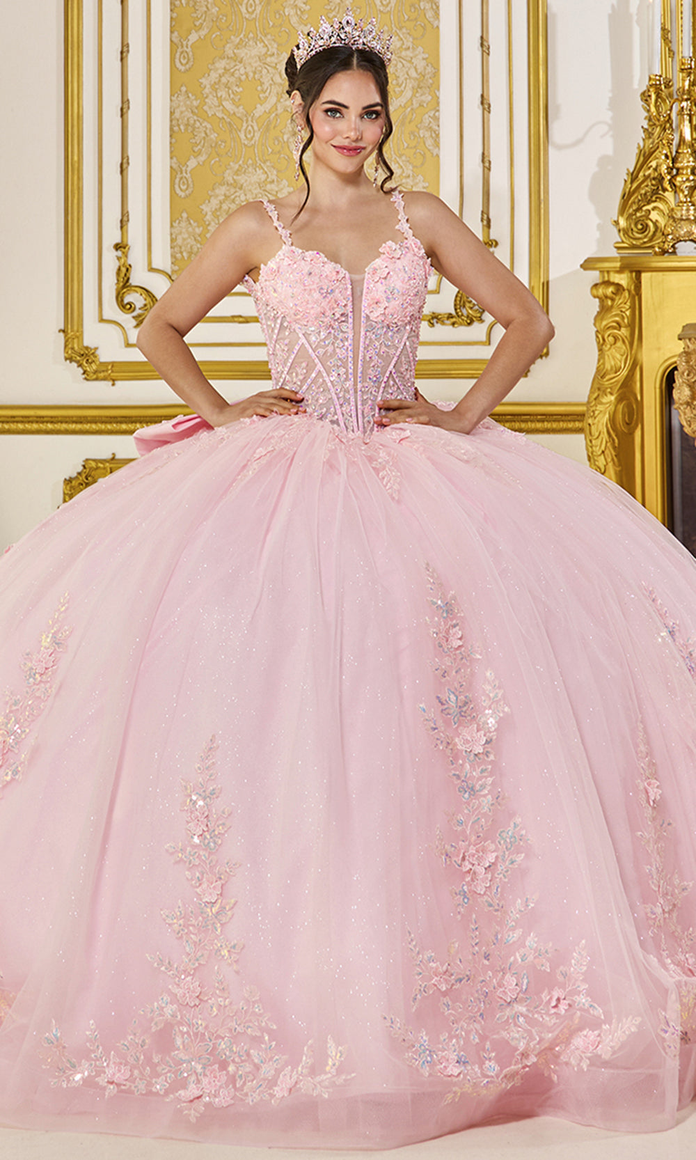 Dancing Queen 5119 - Plunging Sweetheart Quince Gown with Floral Applique Quinceanera Dresses in Blush 