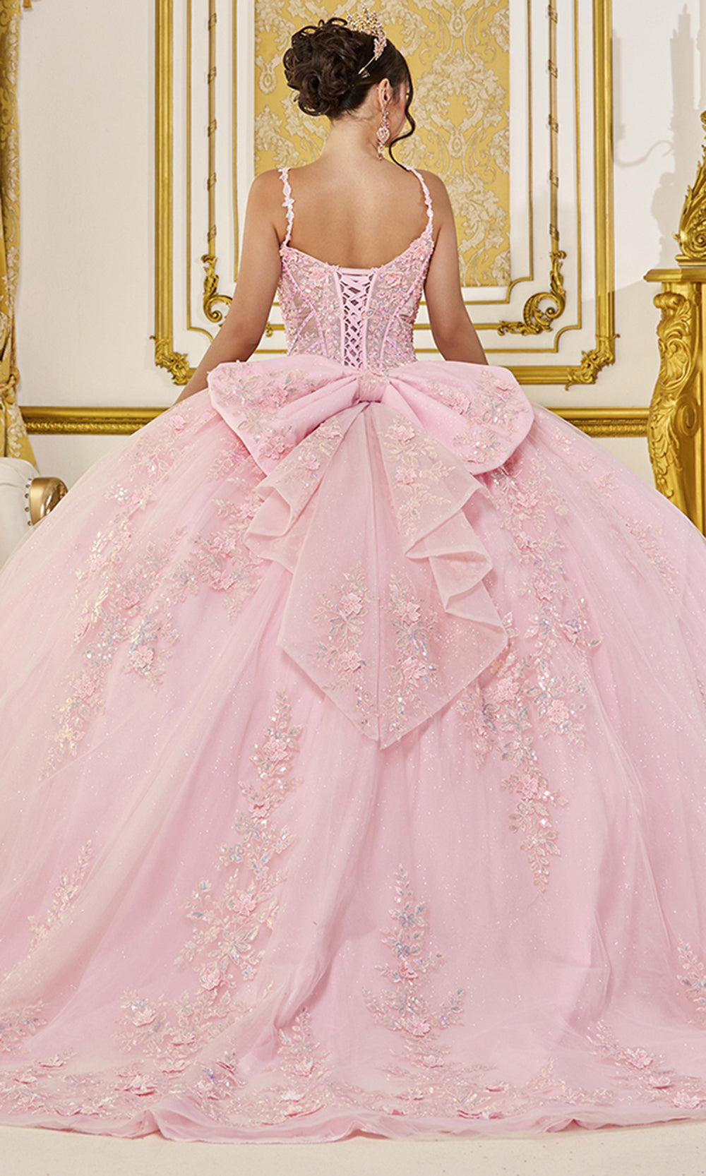 Dancing Queen 5119 - Plunging Sweetheart Quince Gown with Floral Applique Quinceanera Dresses in Blush 
