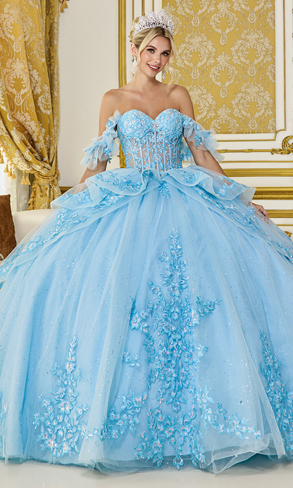 Dancing Queen 5120 - Embroidered Bow Accent Quince Gown Quinceanera Dresses in Blue 