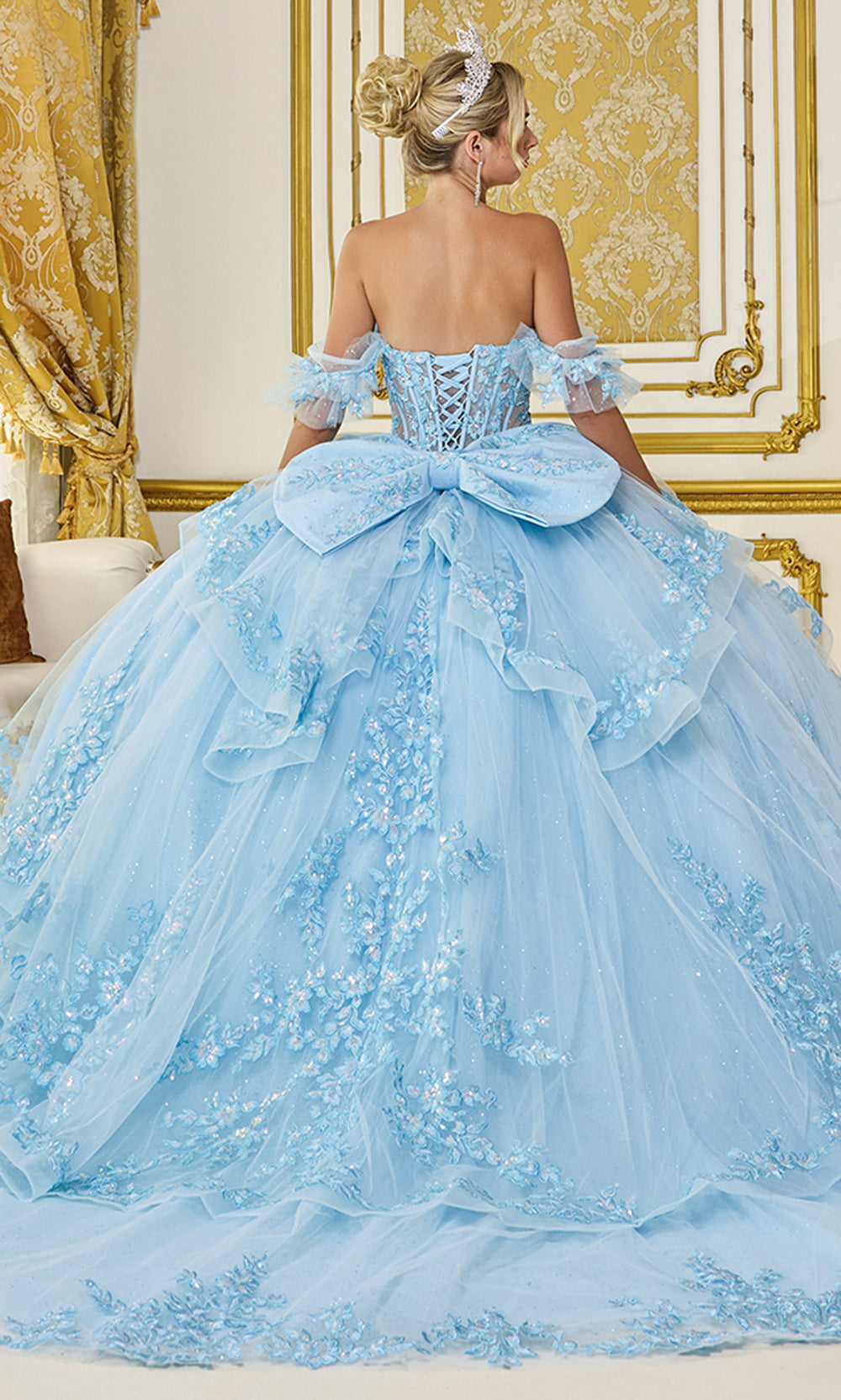 Dancing Queen 5120 - Embroidered Bow Accent Quince Gown Quinceanera Dresses in Blue 