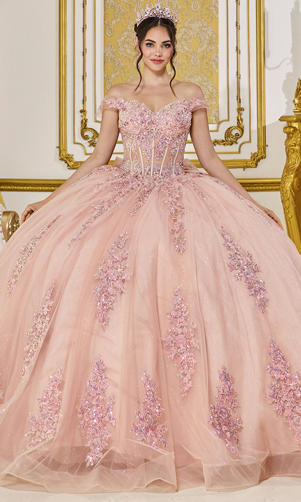 Dancing Queen 5121 - Sweetheart Applique Ballgown with Oversized Bow Quinceanera Dresses in Rose 