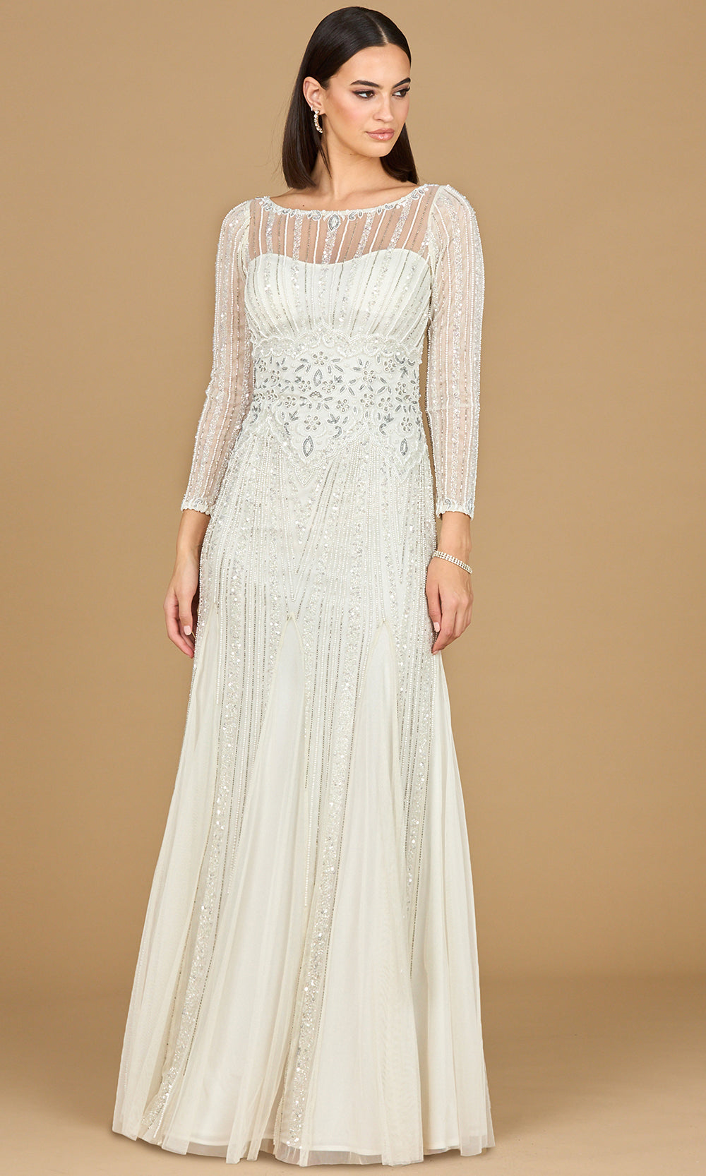 Lara Dresses 51210 - Long Sleeve Godet Accent Formal Gown Wedding Dresses