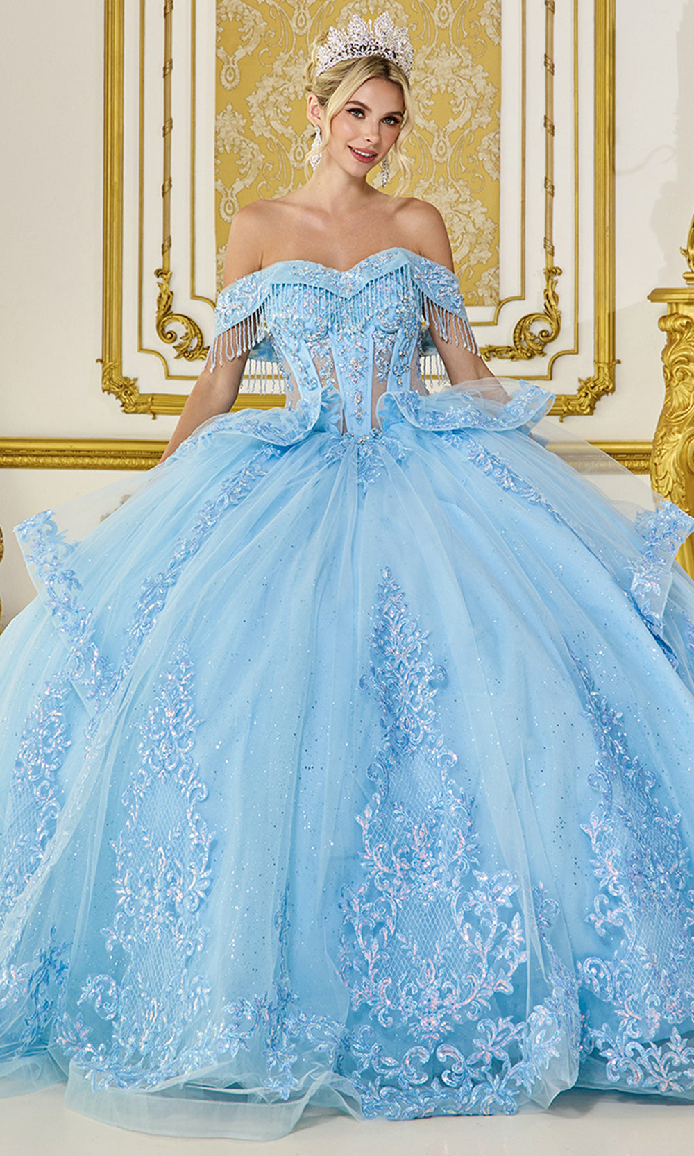 Dancing Queen 5122 - Beaded Fringe Off Shoulder Corset Ballgown Quinceanera Dresses in Blue 