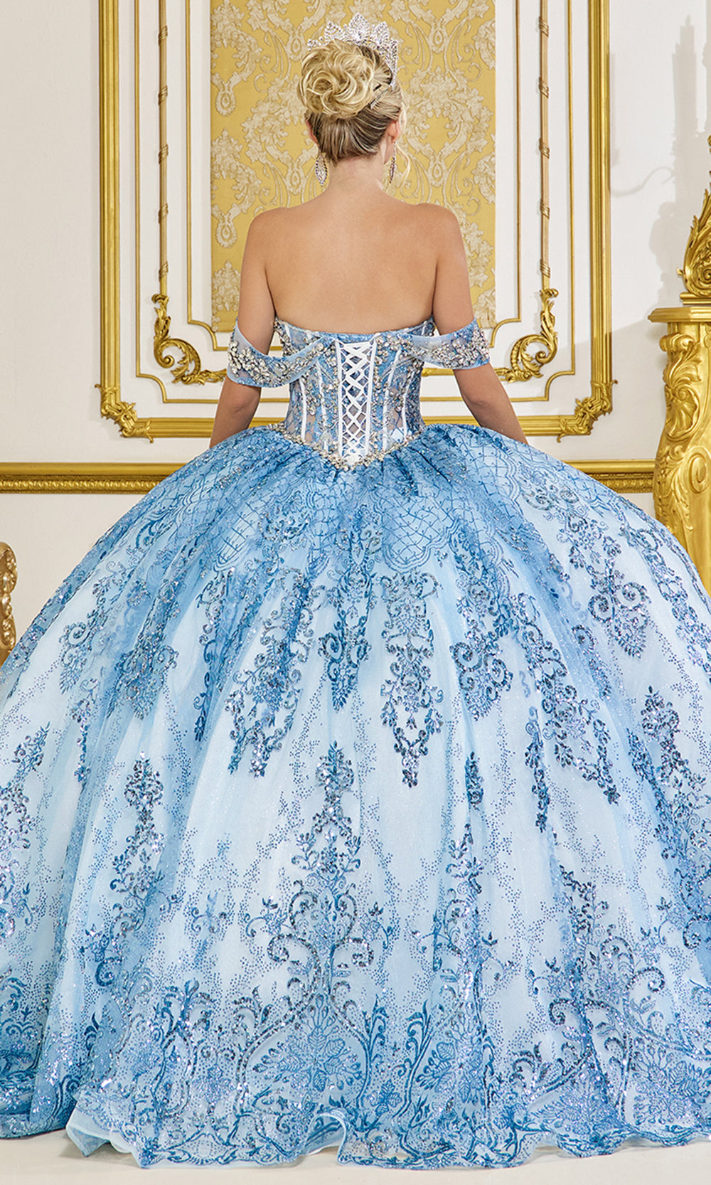 Dancing Queen 5124 - Off Shoulder Corset Ballgown with Ornate Detail Quinceanera Dresses in Blue 