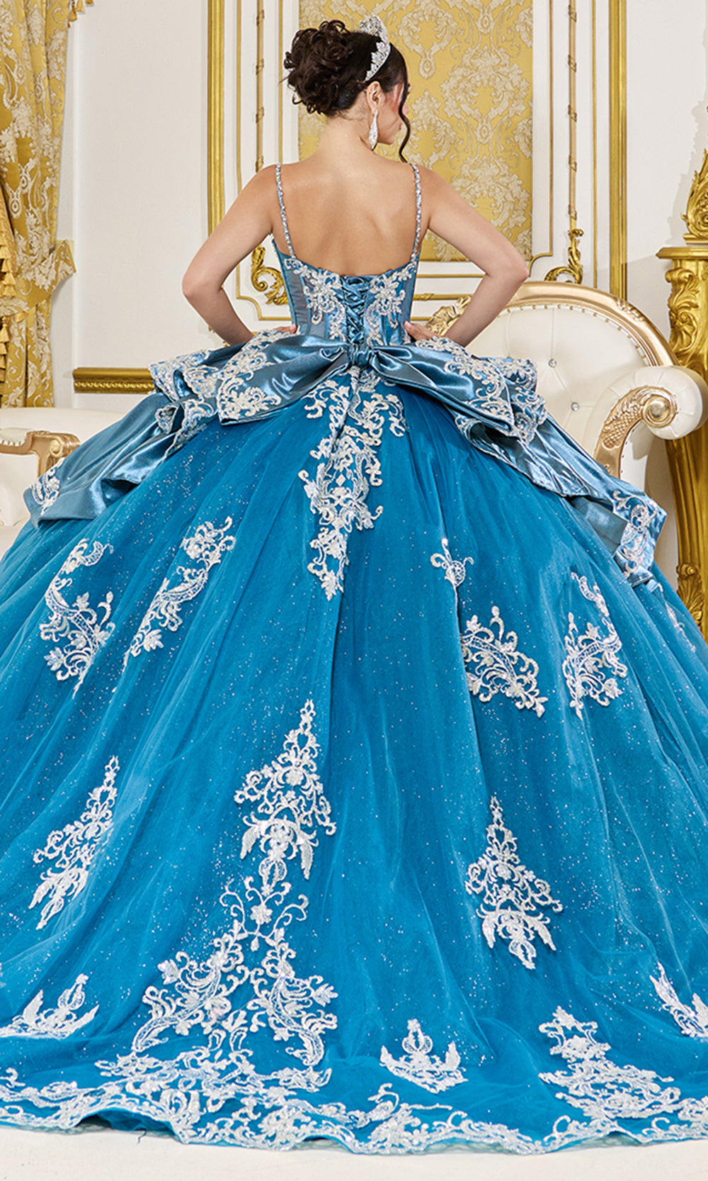Dancing Queen 5125 - Spaghetti Strap Oversized Back Bow Ballgown Quinceanera Dresses in Teal 