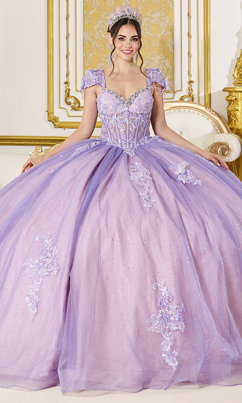 Dancing Queen 5126 - Cap Sleeve Embroidered Glitter Tulle Ballgown Quinceanera Dresses in Lilac