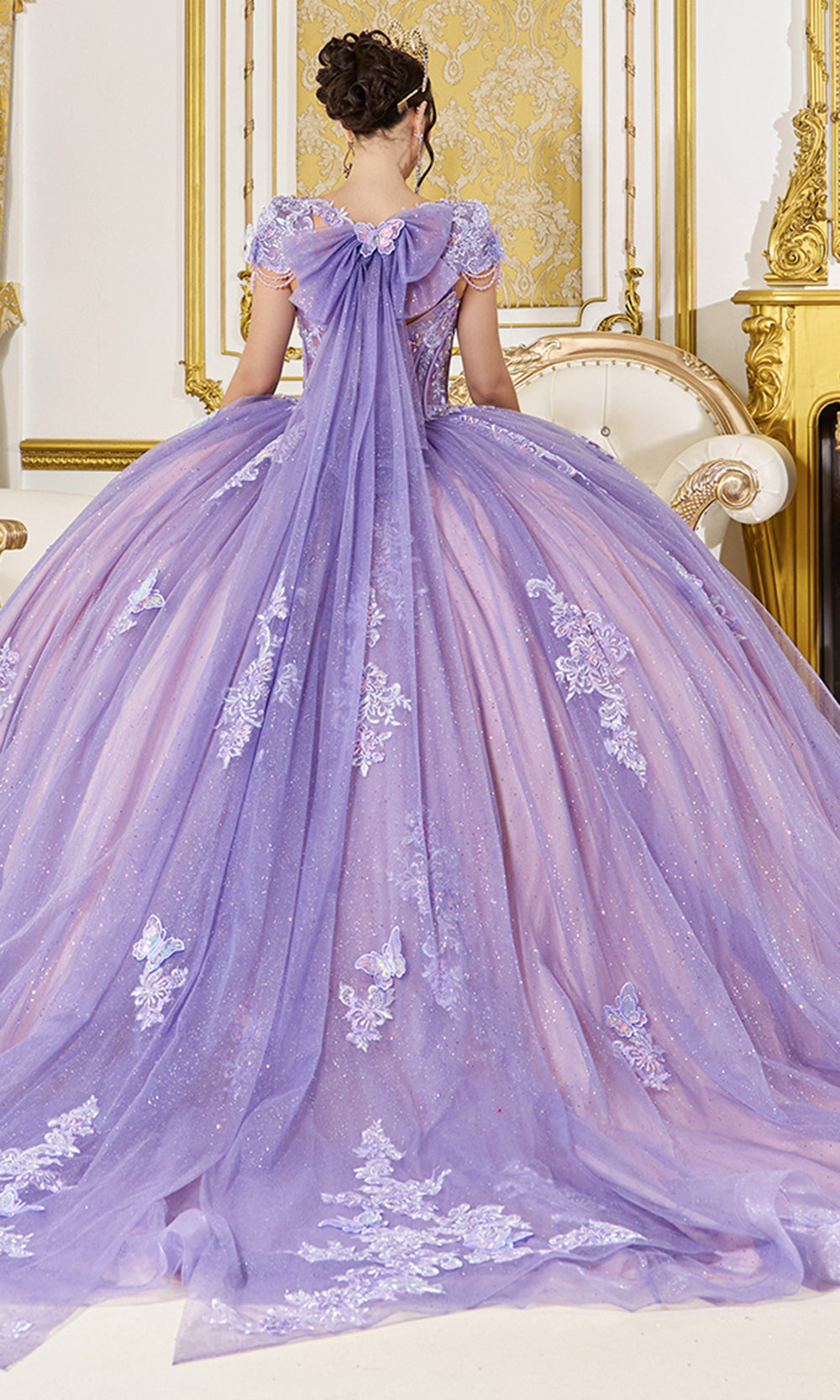 Dancing Queen 5126 - Cap Sleeve Embroidered Glitter Tulle Ballgown Quinceanera Dresses in Lilac