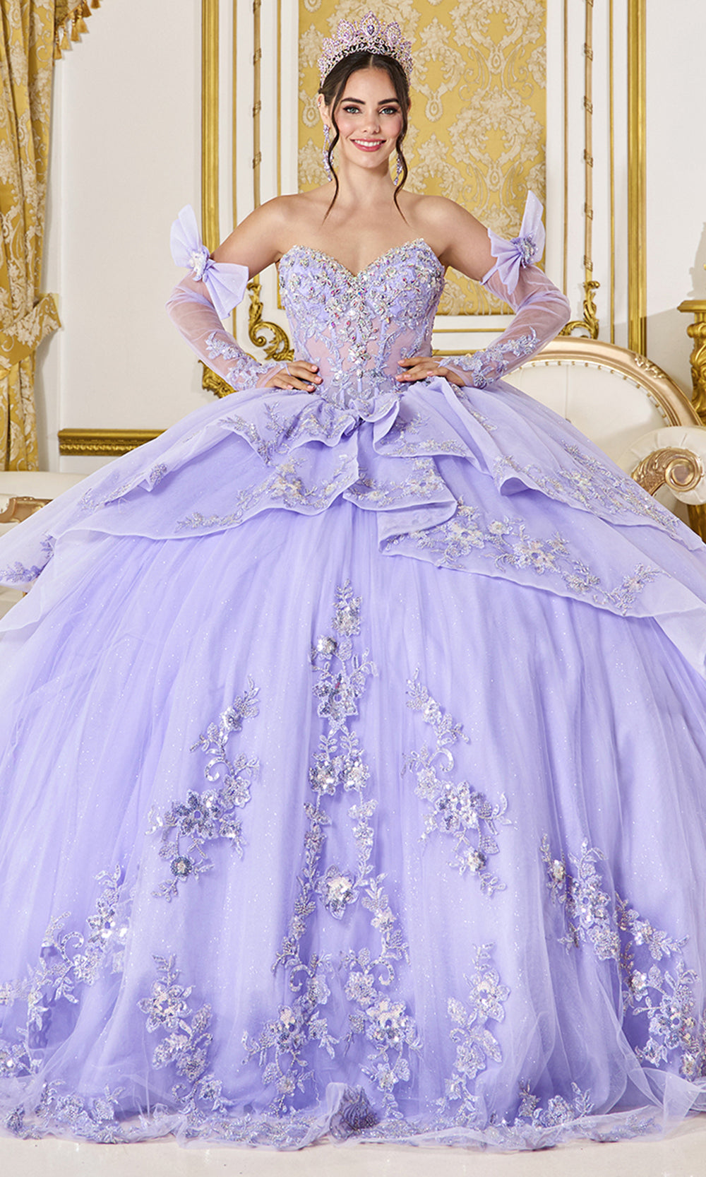 Dancing Queen 5129 - Beaded Floral Applique Sweetheart Layered Ballgown Quinceanera Dresses in Lilac 