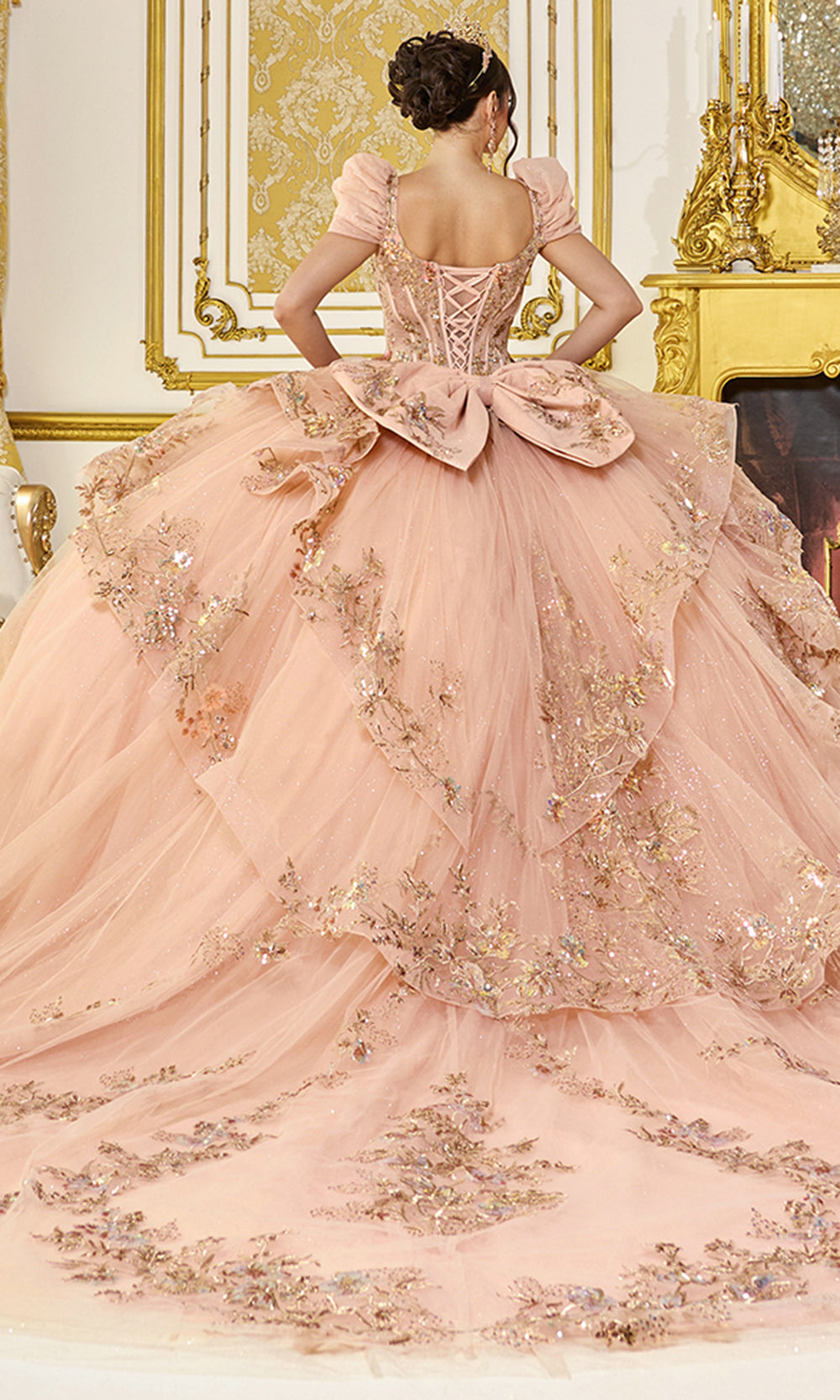 Dancing Queen 5130 - V-Neckline Beaded Lace Quince Gown Quinceanera Dresses in Gold 