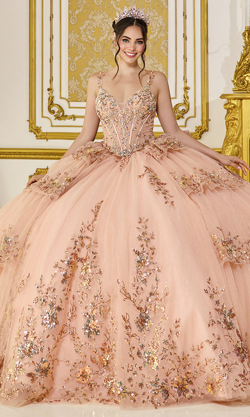 Dancing Queen 5131 - Deep V-Neck Beaded Lace Ballgown Quinceanera Dresses in Gold 