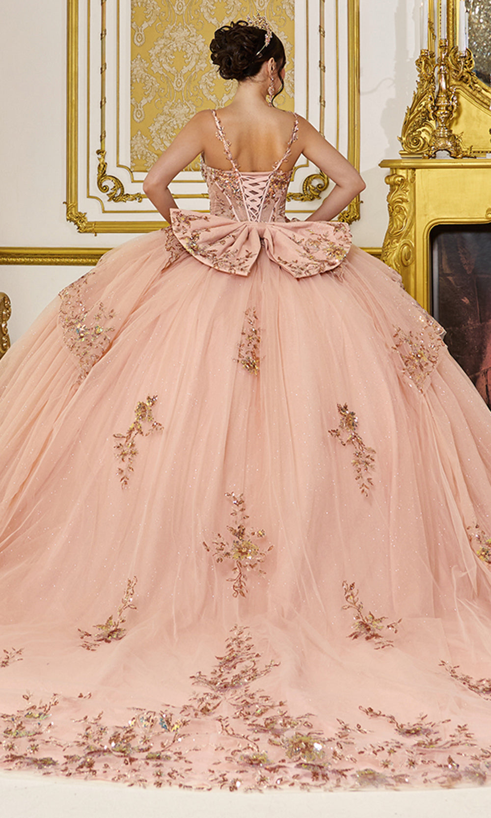 Dancing Queen 5131 - Deep V-Neck Beaded Lace Ballgown Quinceanera Dresses in Gold 