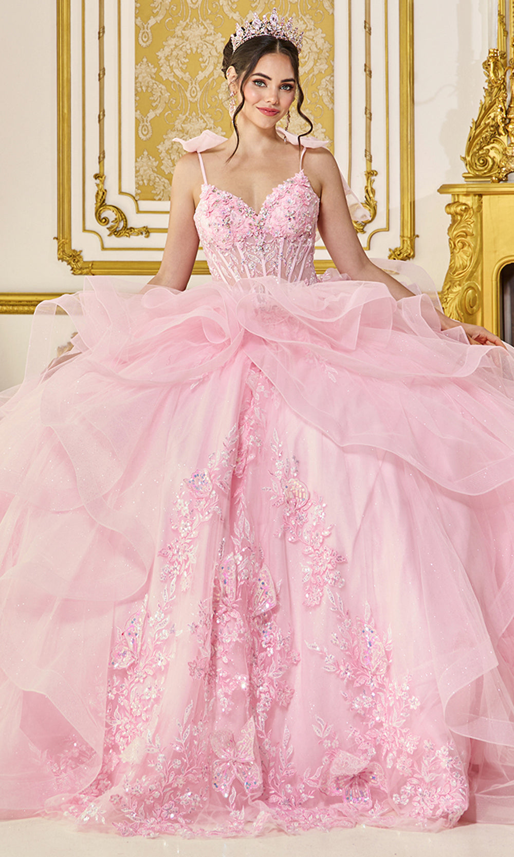 Dancing Queen 5132 - Butterfly Accent Ruffled Voluminous Gown Quinceanera Dresses in Pink 