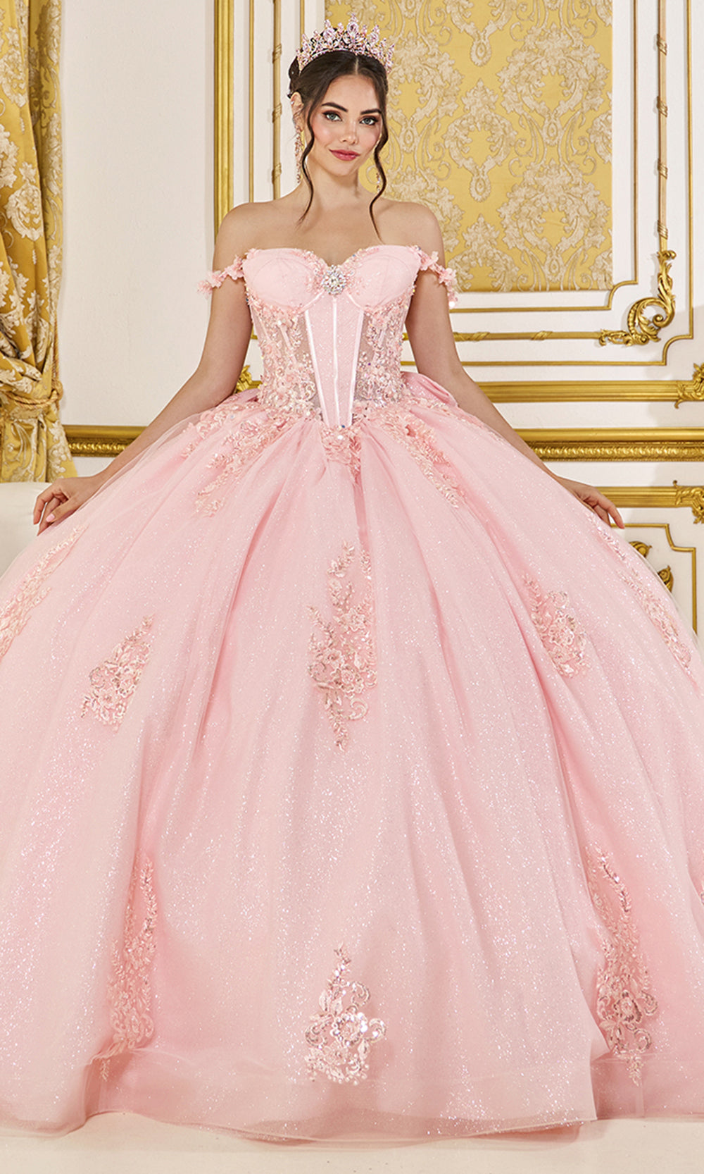 Dancing Queen 5135 - Off Shoulder Corset Ballgown with Statement Bow Quinceanera Dresses in Blush 