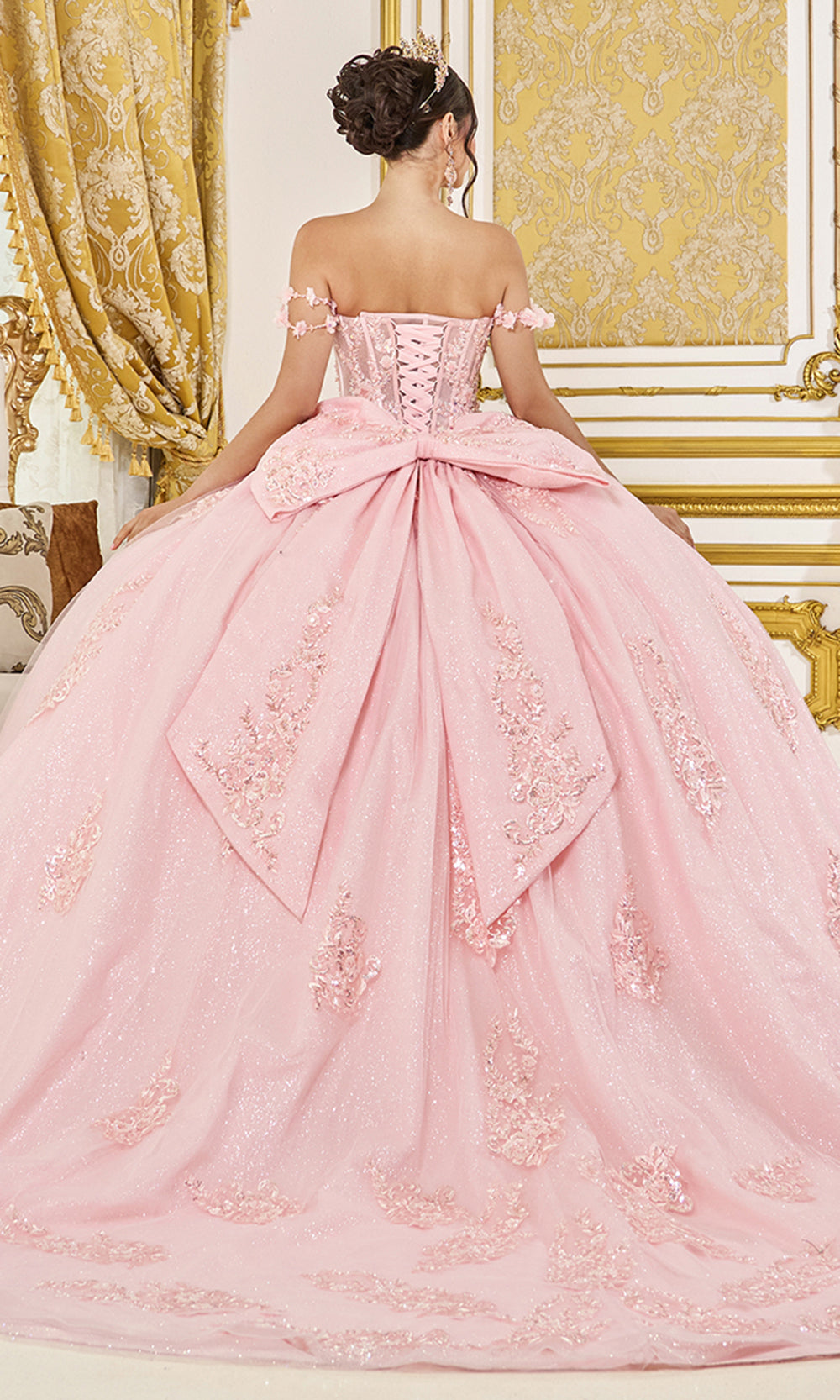 Dancing Queen 5135 - Off Shoulder Corset Ballgown with Statement Bow Quinceanera Dresses in Blush 