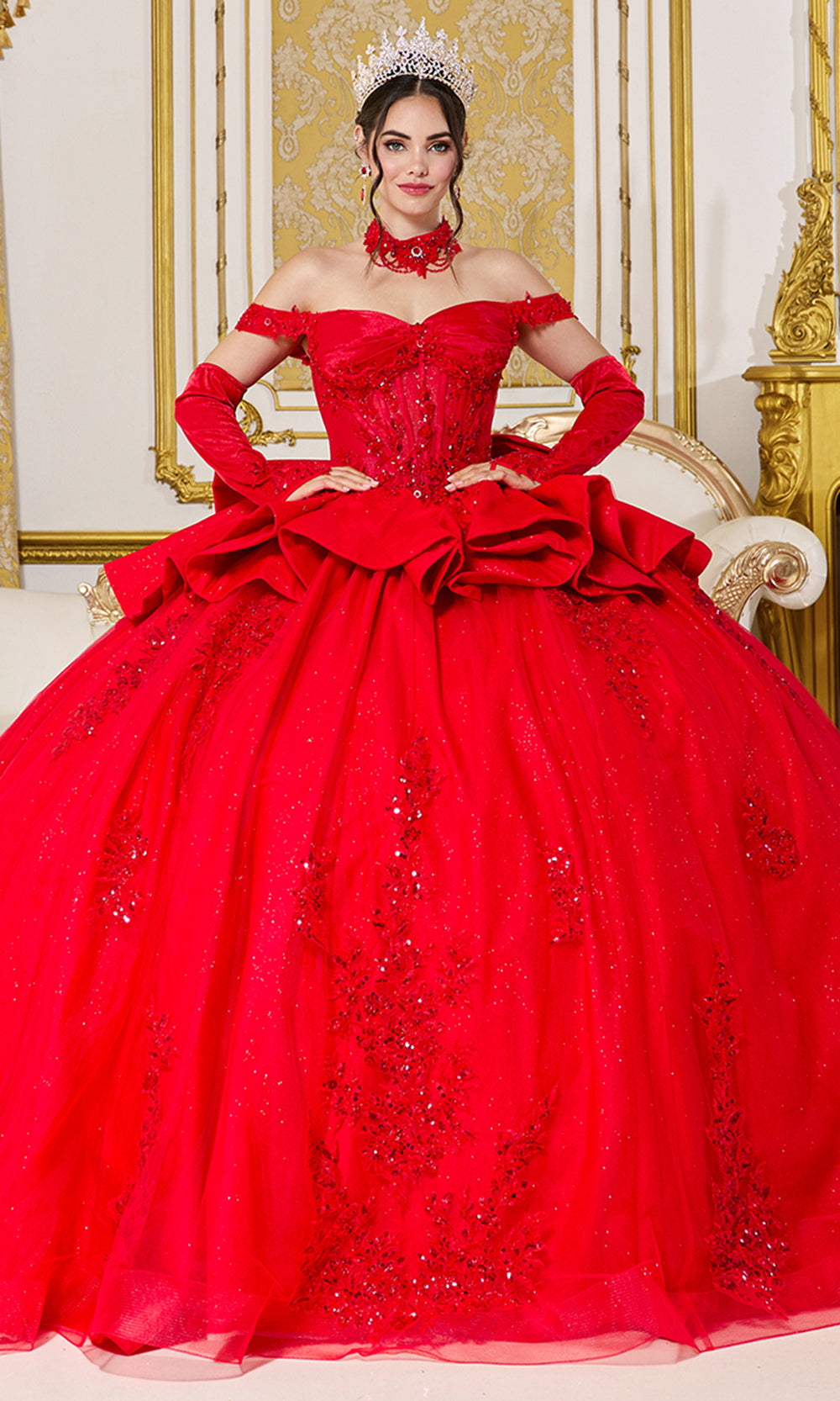 Dancing Queen 5138 - Sweetheart Applique Ballgown with Bow Accent Quinceanera Dresses in Red 