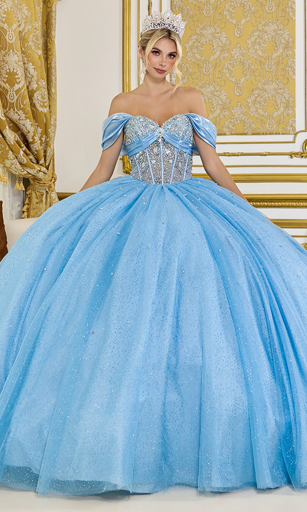 Dancing Queen 5139 - Beaded Ornate Sweetheart Ballgown with Bow Train Quinceanera Dresses in Blue 