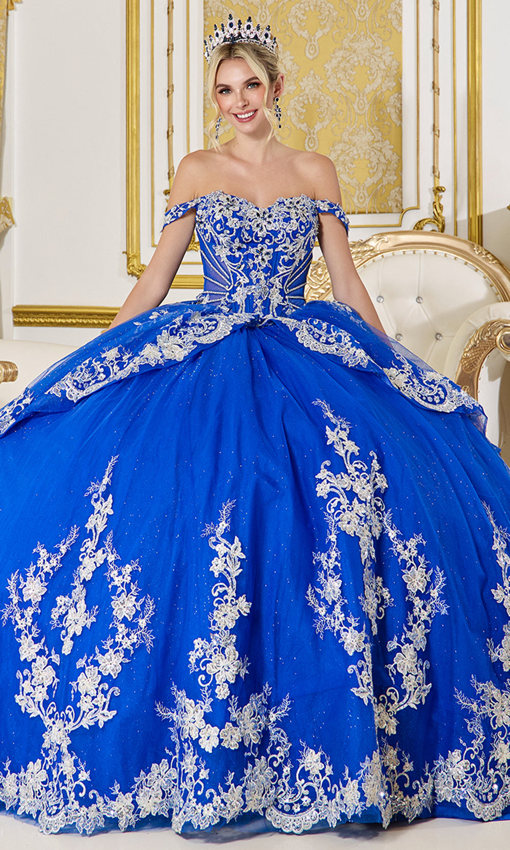 Dancing Queen 5142 - Oversized Bow Embroidered Layered Ballgown Quinceanera Dresses in Royal