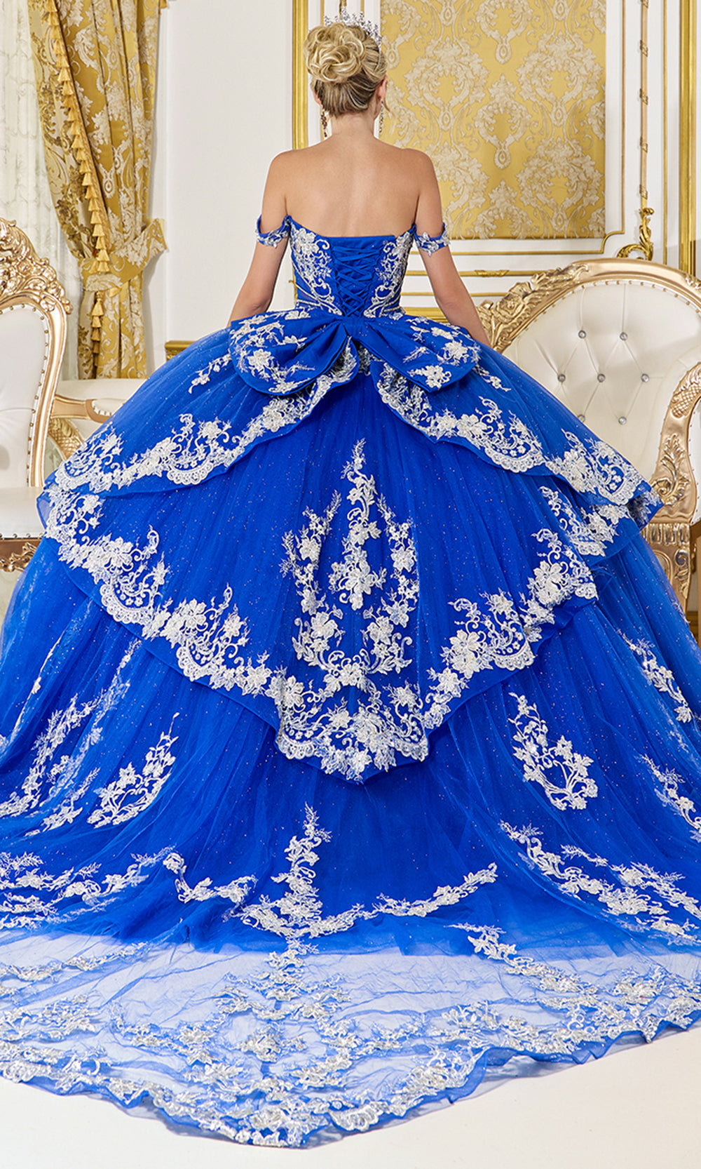 Dancing Queen 5142 - Oversized Bow Embroidered Layered Ballgown Quinceanera Dresses in Royal