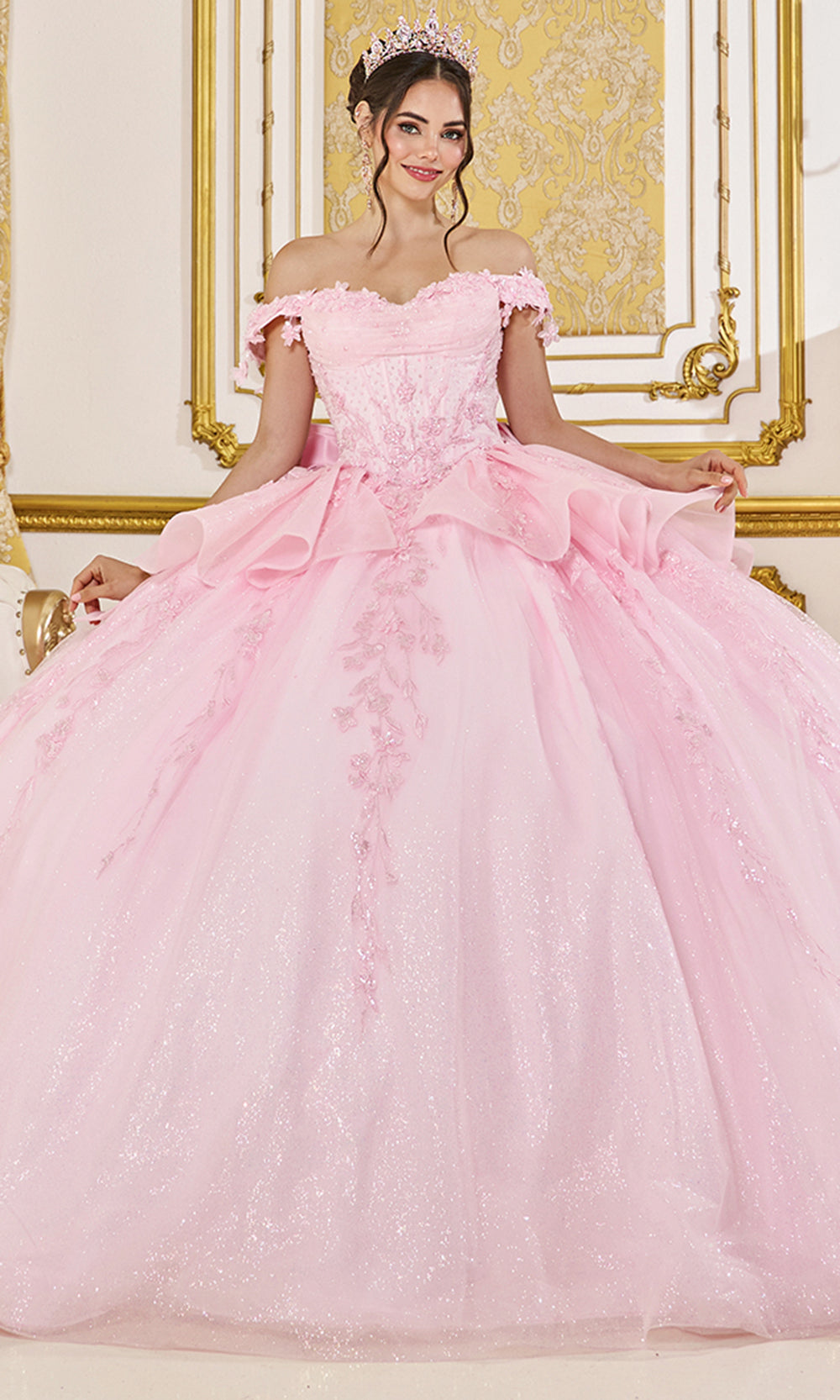 Dancing Queen 5143 - Layered Ruffle Skirt Embroidered Corset Gown Quinceanera Dresses in Pink 
