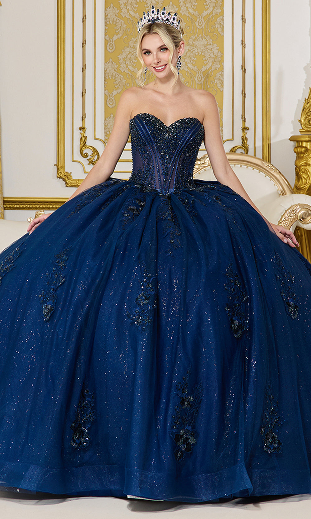 Dancing Queen 5144 - Strapless Bead Embellished Tulle Ballgown Quinceanera Dresses in Navy 