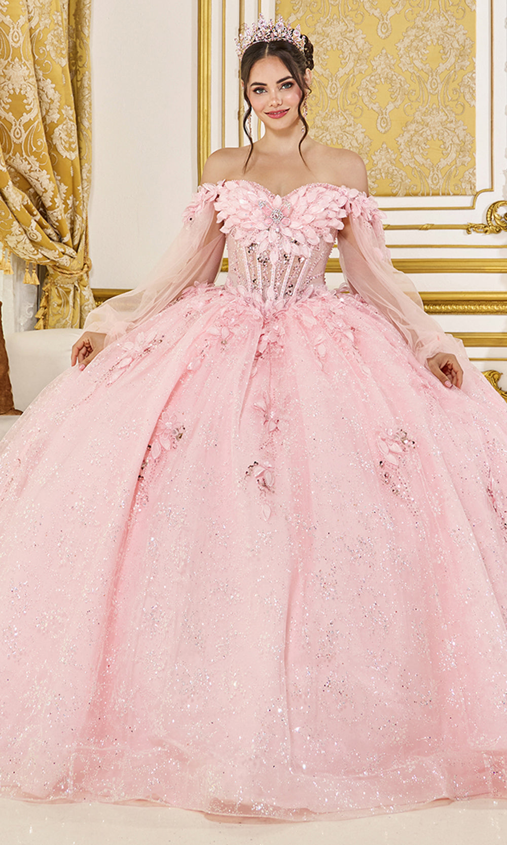 Dancing Queen 5145 - Bow Back Glitter Tulle Ballgown with Appliques Quinceanera Dresses in Blush