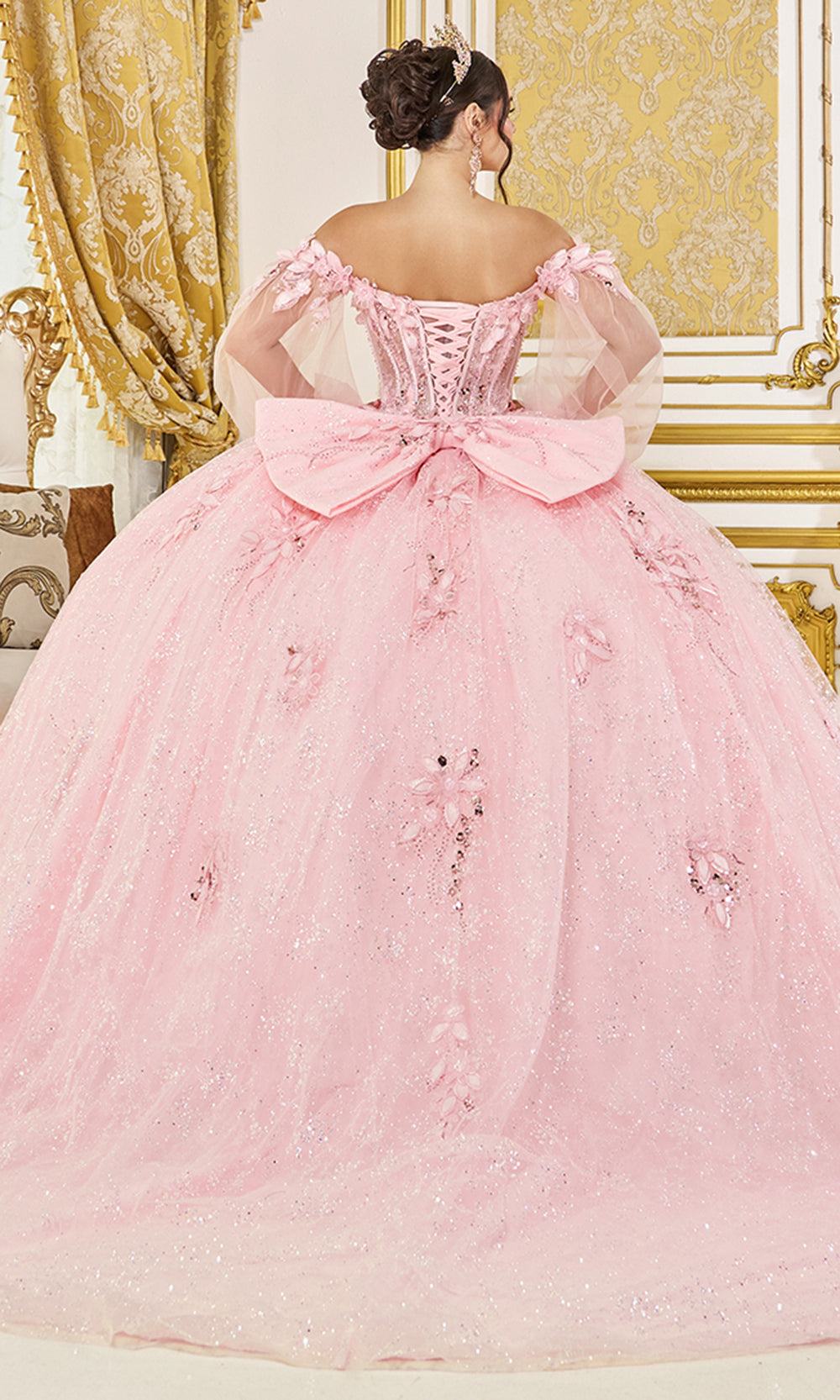 Dancing Queen 5145 - Bow Back Glitter Tulle Ballgown with Appliques Quinceanera Dresses in Blush