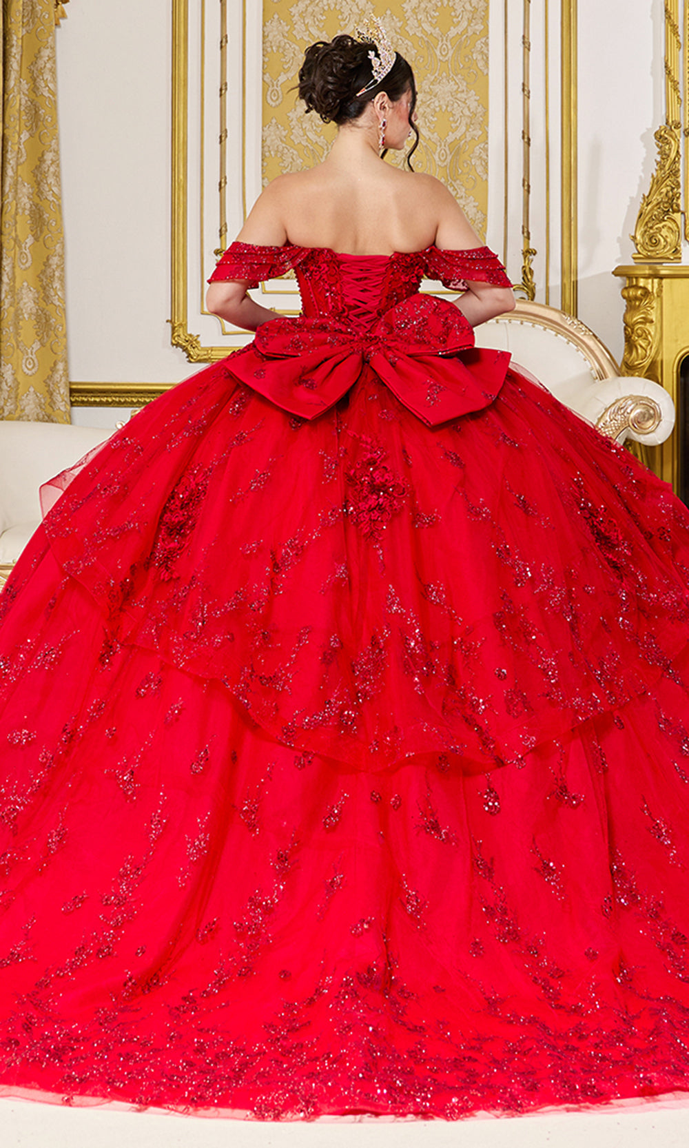 Dancing Queen 5146 - Oversized Bow Layered Off Shoulder Sleeve Gown Quinceanera Dresses in Red 