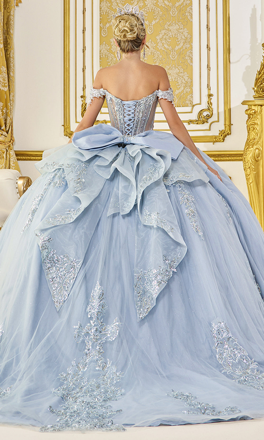 Dancing Queen 5148 - Lace Applique Off Shoulder Quinceanera Gown Quinceanera Dresses in Dusty Blue