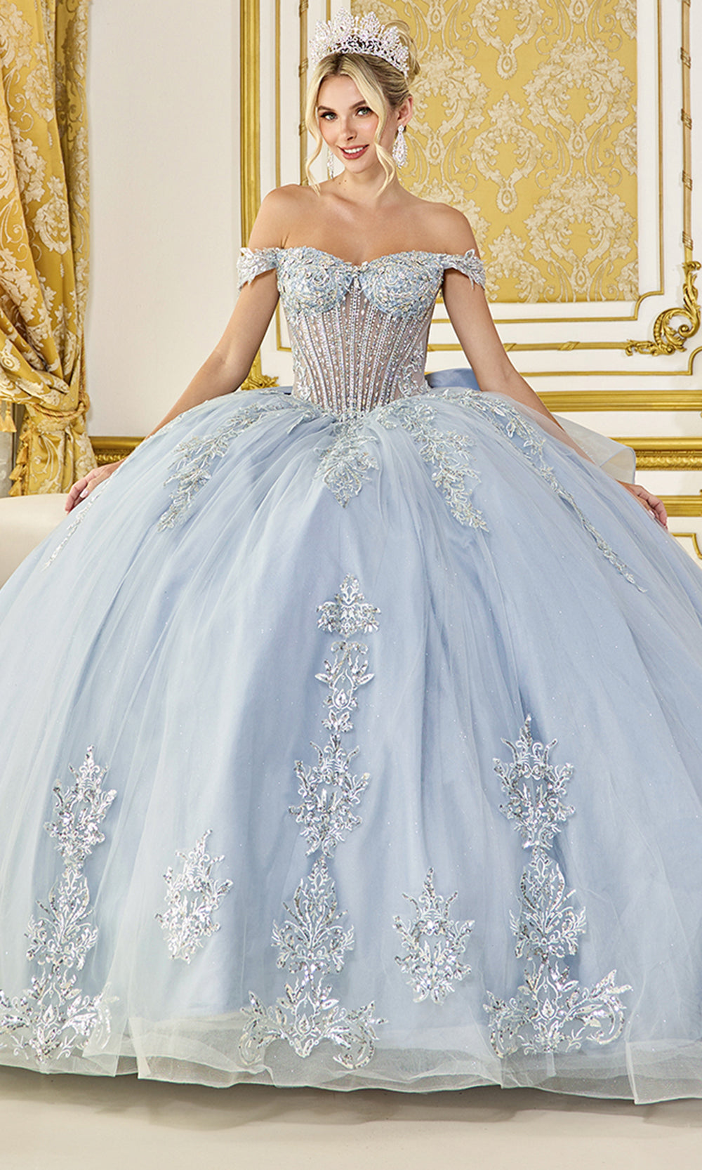 Dancing Queen 5148 - Lace Applique Off Shoulder Quinceanera Gown Quinceanera Dresses in Dusty Blue