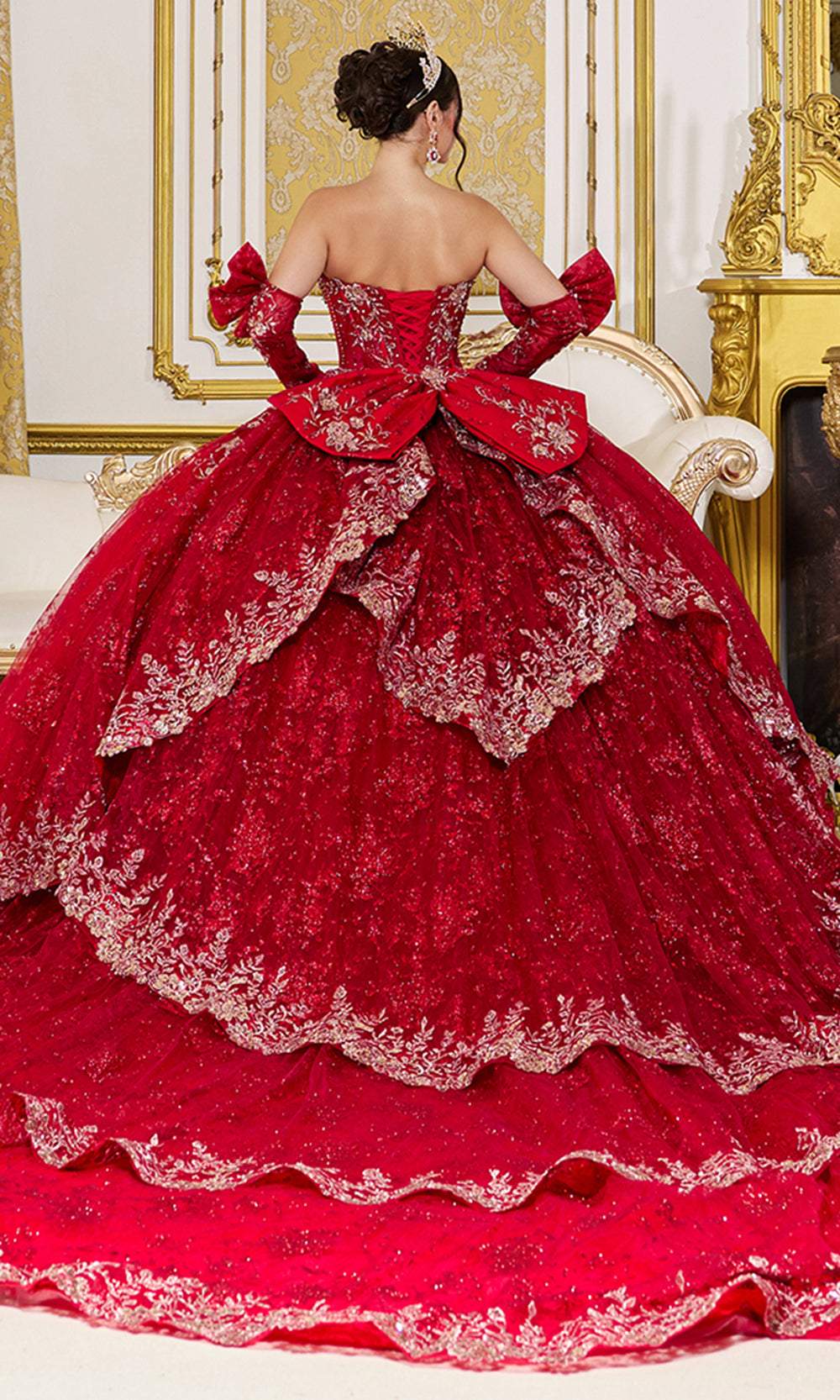 Dancing Queen 5149 - Floral Embroidered Tiered Quince Gown Quinceanera Dresses in Red 