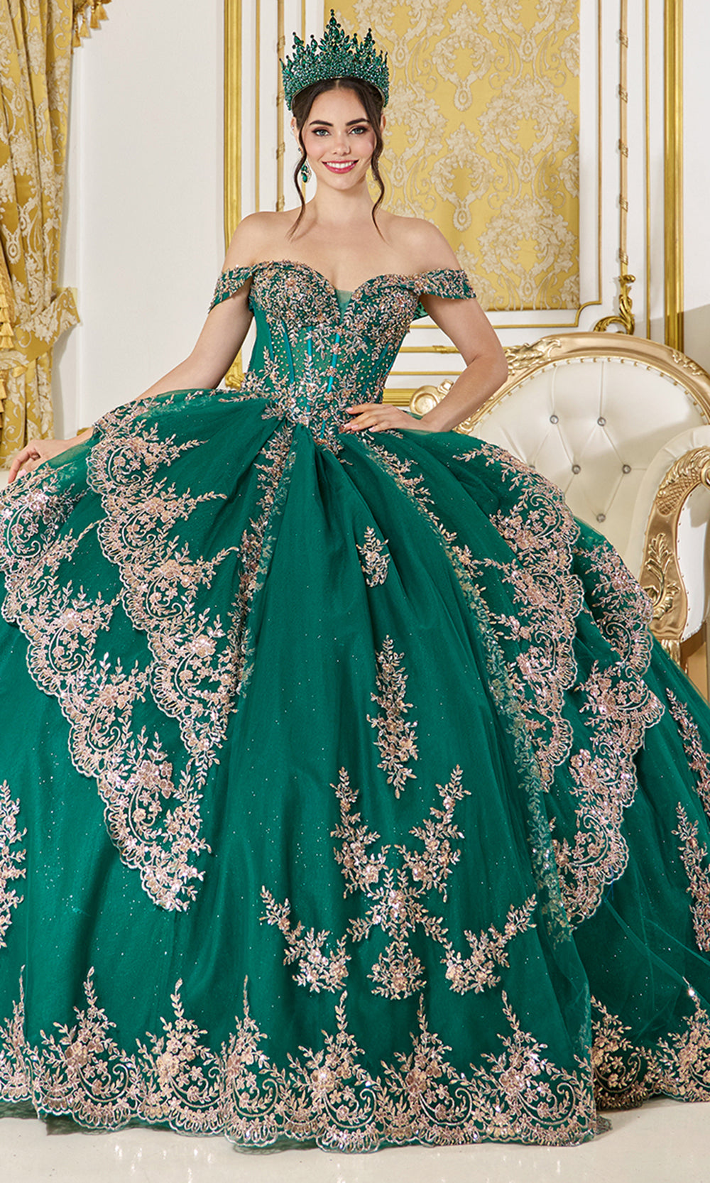 Dancing Queen 5150 - Structured Corset Off Shoulder Embroidered Gown Quinceanera Dresses in Green 