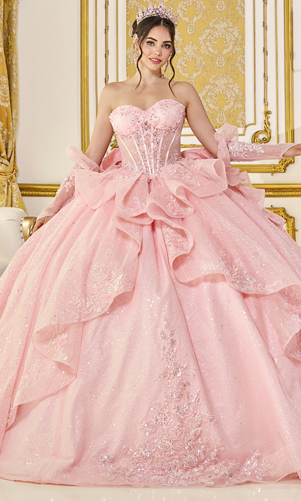Dancing Queen 5152 - Sweetheart Lace Applique Gown with Long Sleeves Quinceanera Dresses in Blush 