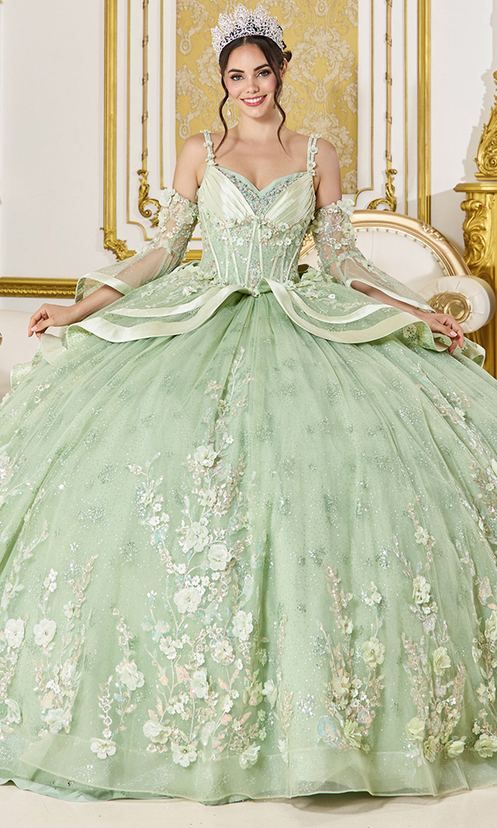 Dancing Queen 5154 - Sweetheart Illusion Sleeve Floral Quinceanera Gown Quinceanera Dresses in Sage 