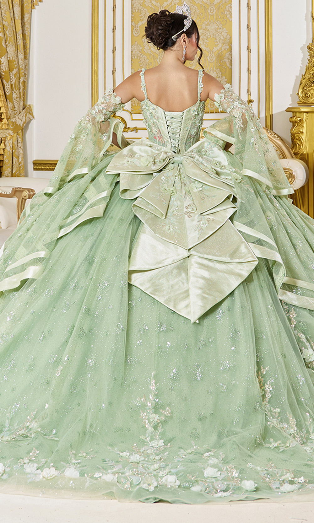 Dancing Queen 5154 - Sweetheart Illusion Sleeve Floral Quinceanera Gown Quinceanera Dresses in Sage 