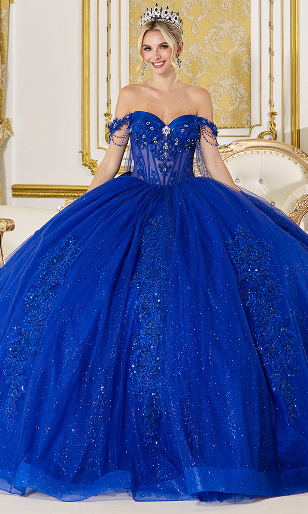 Dancing Queen 5155 - Illusion Corset Embroidered Applique Ballgown Quinceanera Dresses in Royal 