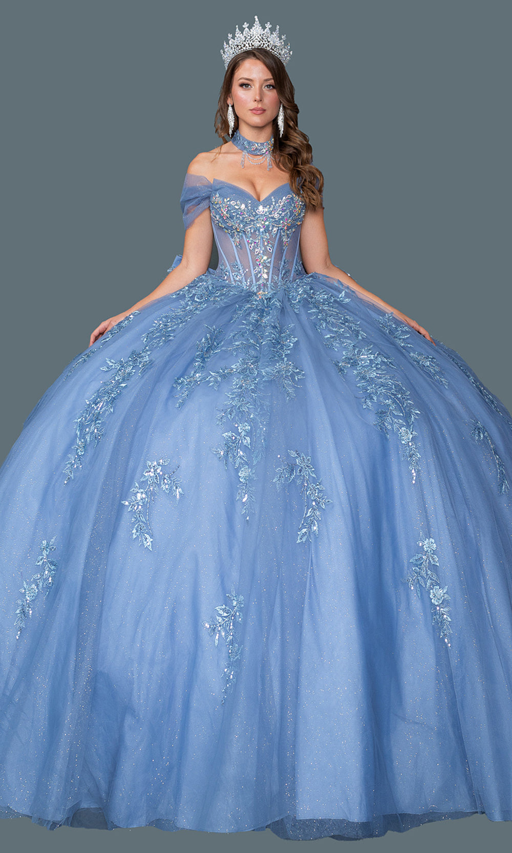 Dancing Queen 5156 - Tiered Skirt Embroidered Illusion Corset Gown Quinceanera Dresses in Blue 