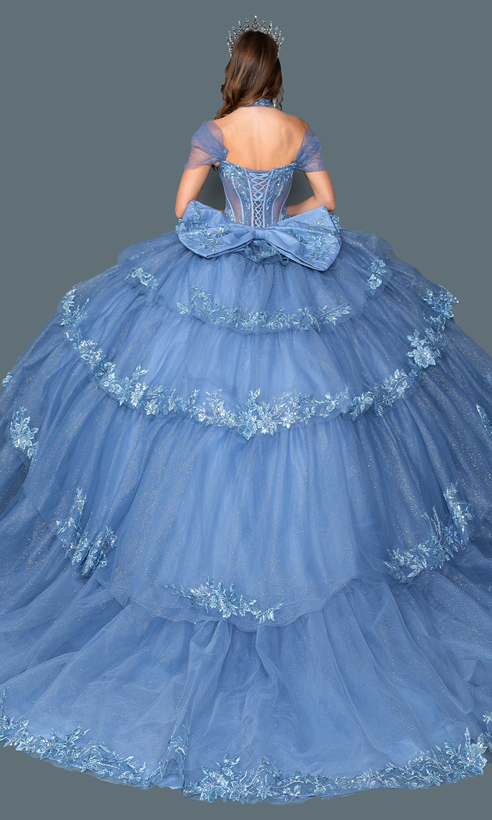 Dancing Queen 5156 - Tiered Skirt Embroidered Illusion Corset Gown Quinceanera Dresses in Blue 