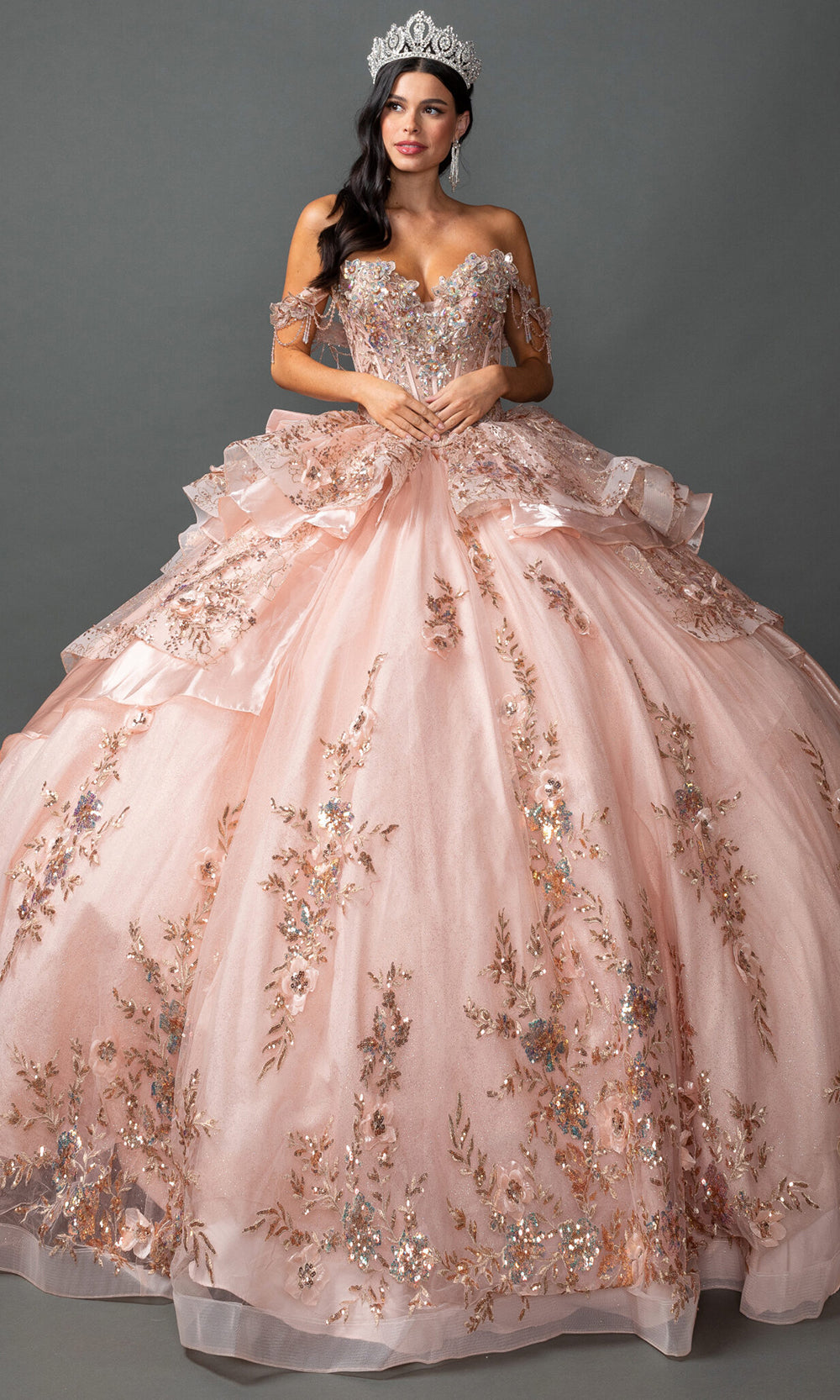 Dancing Queen 5157 - Off Shoulder Embroidered Lace-Up Back Gown Quinceanera Dresses in Gold 