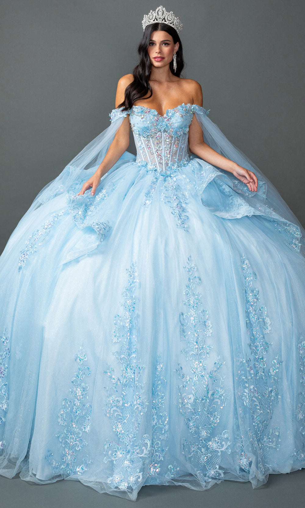 Dancing Queen 5158 - Cape Sleeve Floral Applique Tulle Ballgown Quinceanera Dresses in Blue 