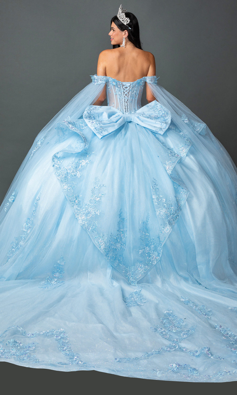 Dancing Queen 5158 - Cape Sleeve Floral Applique Tulle Ballgown Quinceanera Dresses in Blue 