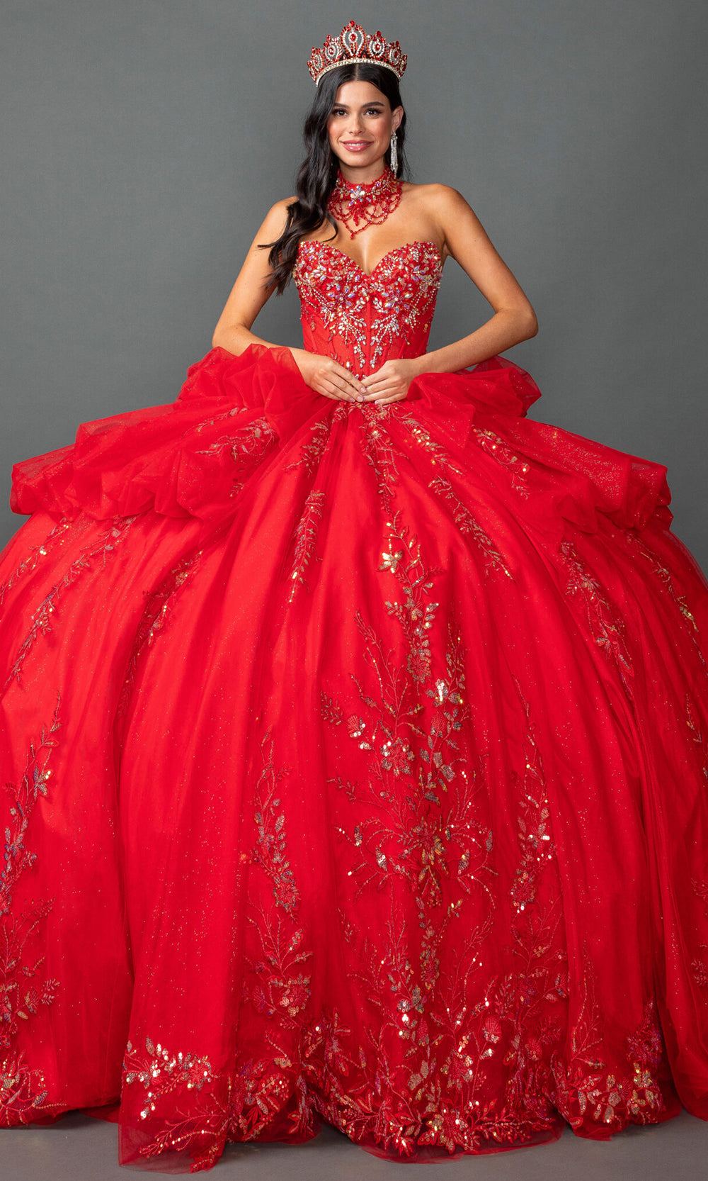 Dancing Queen 5159 - Bow Train Sweetheart Embroidered Ballgown Quinceanera Dresses in Red 