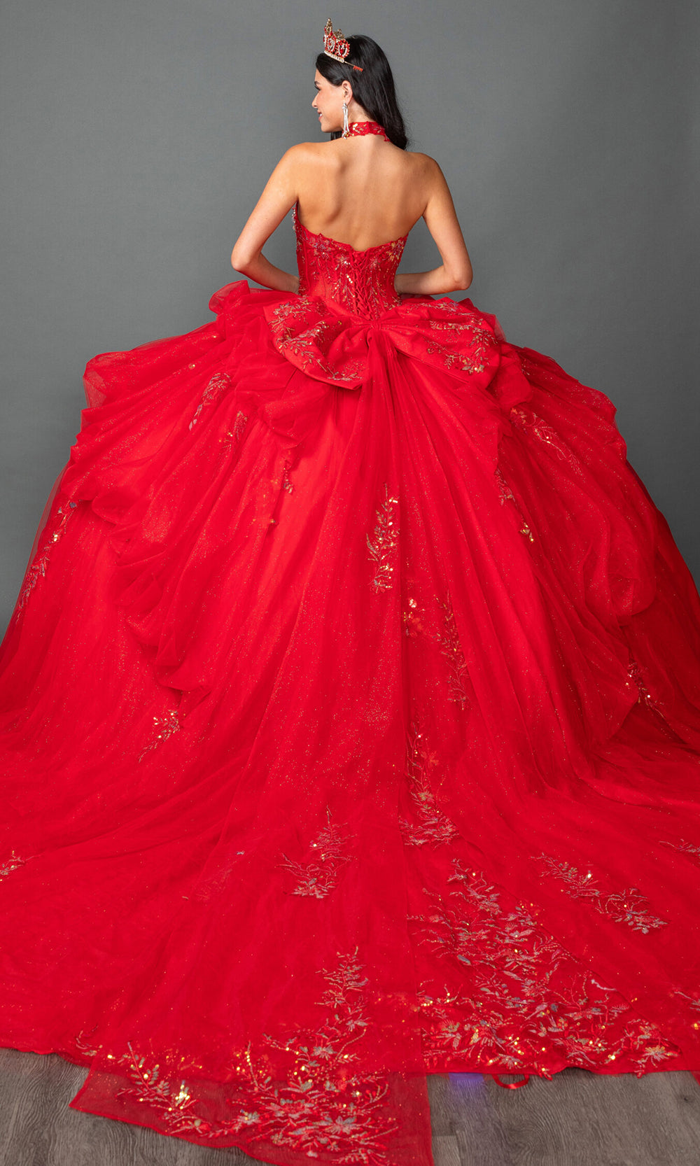 Dancing Queen 5159 - Bow Train Sweetheart Embroidered Ballgown Quinceanera Dresses in Red 