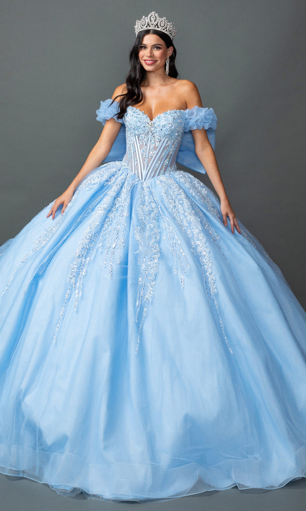 Dancing Queen 5160 - Embroidered Sweetheart Basque Waist Ballgown Quinceanera Dresses in Bhama Blue
