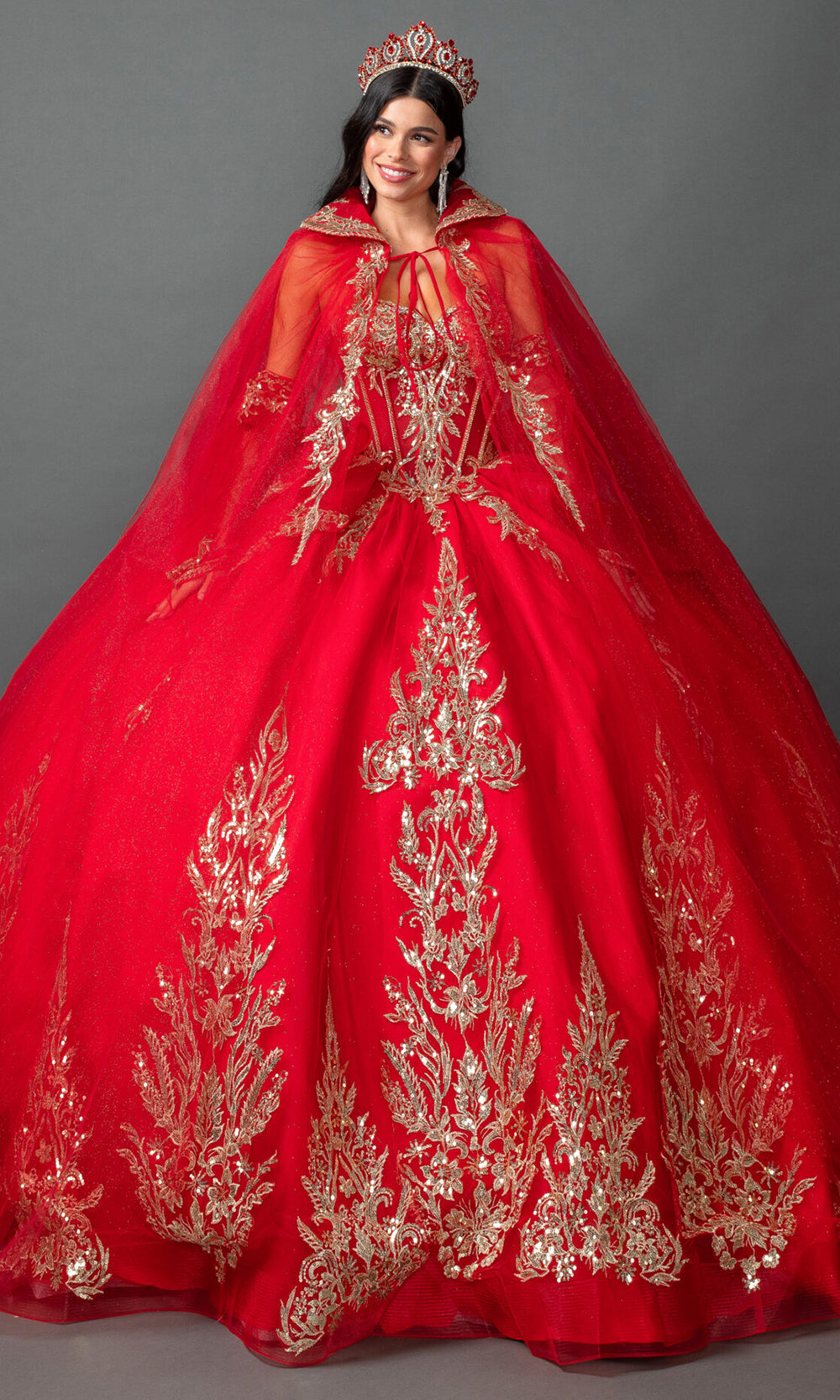 Dancing Queen 5161 - Hooded Cape Corset Strapless Ballgown Quinceanera Dresses in Red 