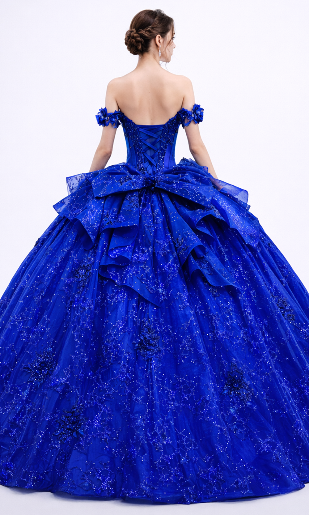 Dancing Queen 5162 - Off Shoulder Floral Applique Tulle Gown Quinceanera Dresses in Royal Blue