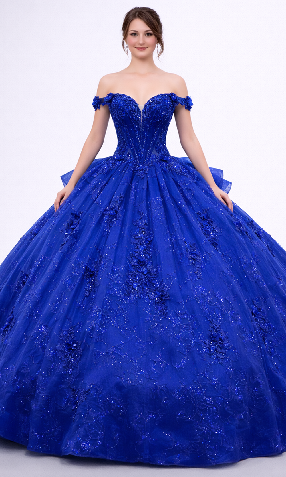 Dancing Queen 5162 - Off Shoulder Floral Applique Tulle Gown Quinceanera Dresses in Royal Blue