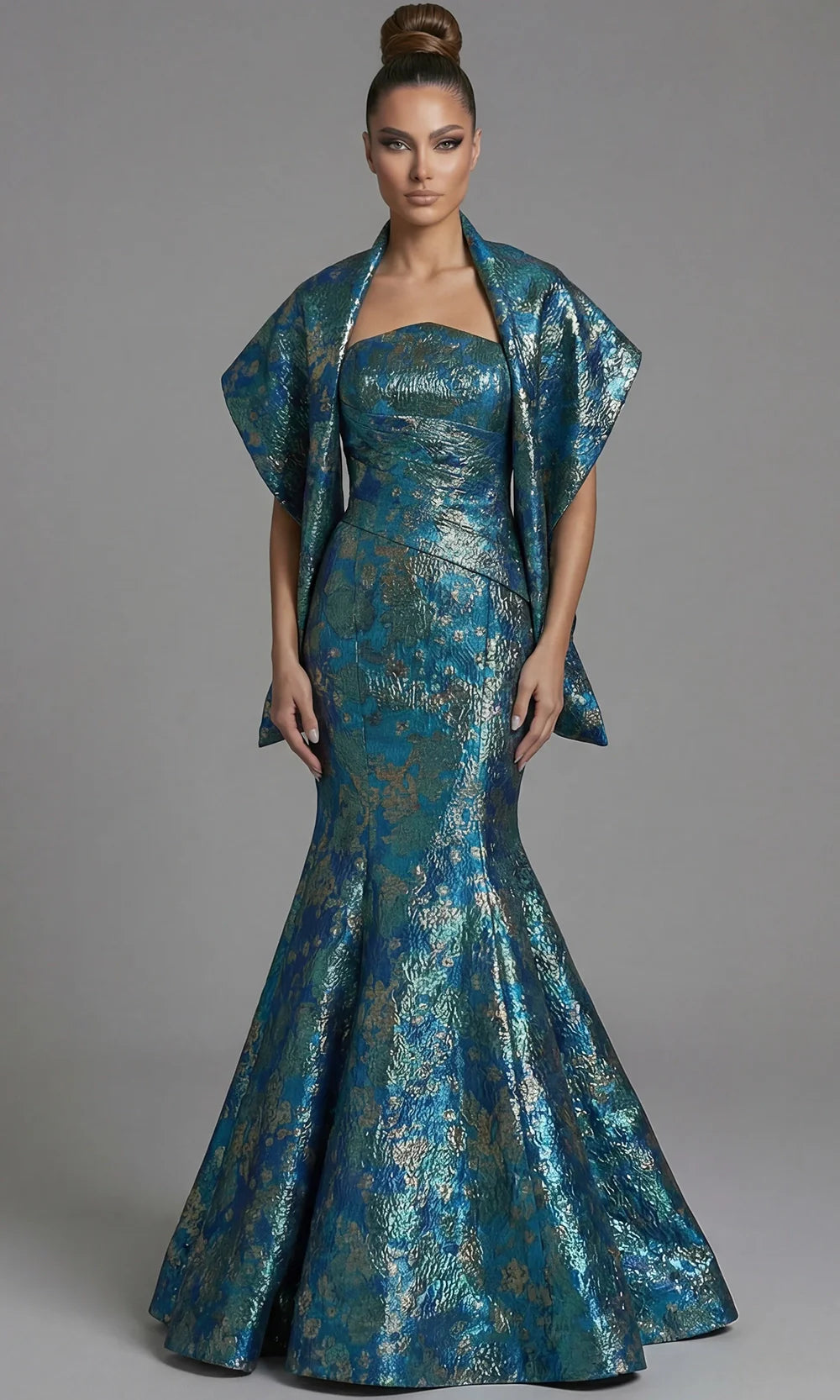 Jovani 51634 - Metallic Brocade Mermaid Evening Gown Evening Dresses  in Turquoise  